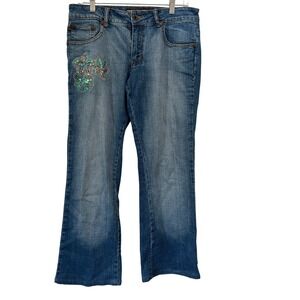 Crest Jeans Flare‎ Denim Y2K Blue Cotton Sequin Floral Embroidered Size 9/10